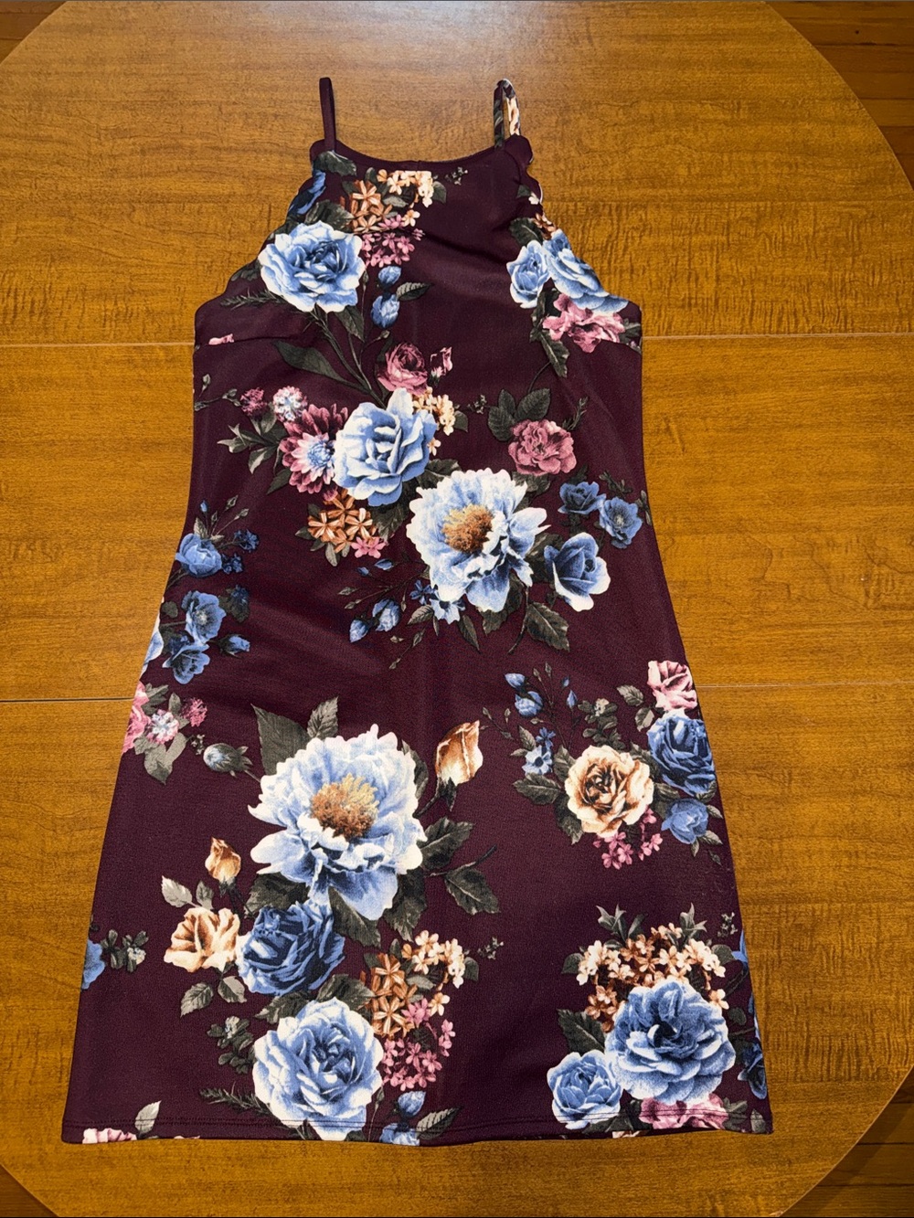 Burgundy Floral Slip Dress with Blue & Pink Blooms